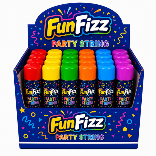 FunFizz Silly Party String Spray – 24 Pack, Non-Toxic Assorted Colors